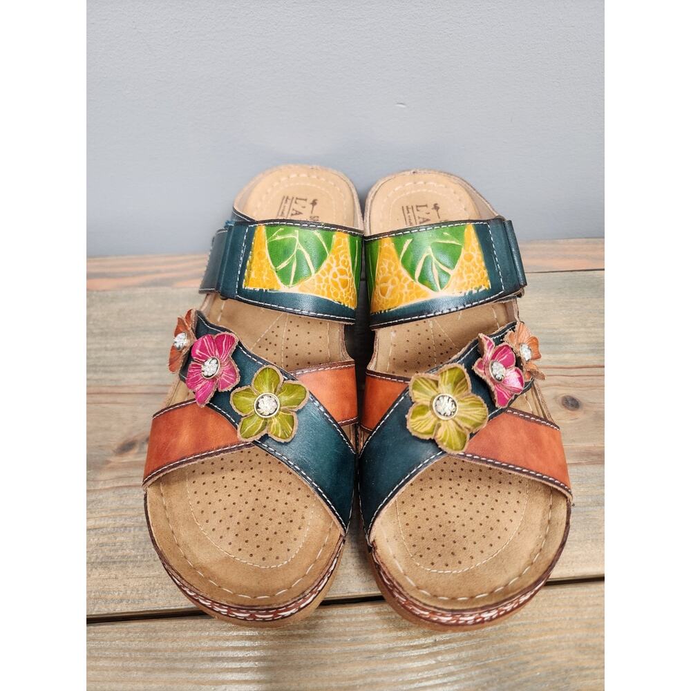 Comfort Floral Two-Tone Leather Slide Sandal - Teal & Rust - Picture 2 of 6